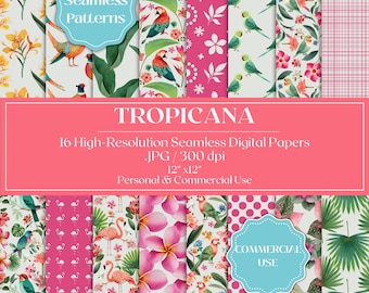 Tropicana Digitale Papiere, Tropische nahtlose Muster, exotische Vögel- + Blumen-Sammelalbum, Dschungel-Blätter- und Flamingo-Hintergründe, kommerzielle Nutzung