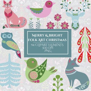 Clipart natalizie di arte popolare, collezione di clipart scandinave, adesivi carini, decorazioni per feste, artigianato, inviti, pianificatore Nordic Junk Journal