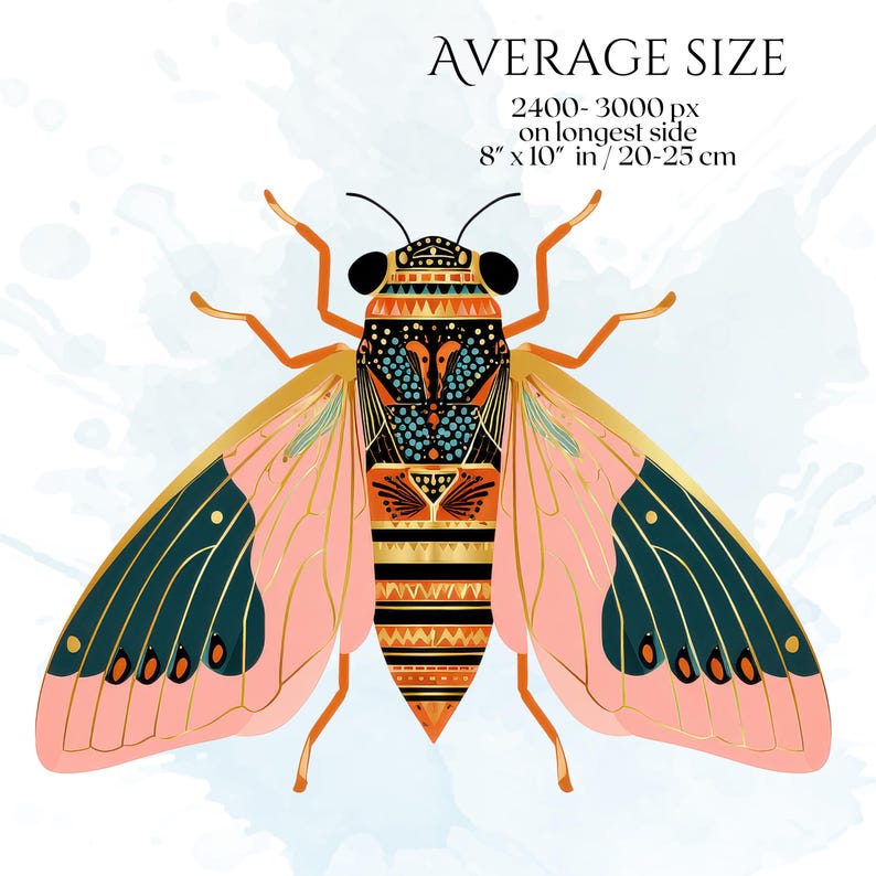 Art Deco Insect Clipart, Vintage Bug Graphics, Modern Cicada Dragonfly Moth Illustrations (50 Files, Transparent Background)