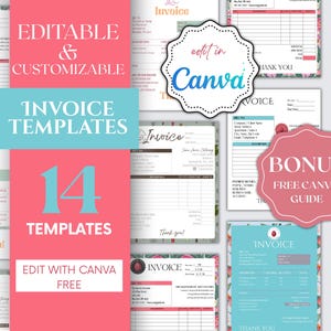 May include: A collection of 14 editable and customizable invoice templates. The design features a pink and teal color scheme with floral accents. Includes a bonus free Canva guide. Edit with Canva free.