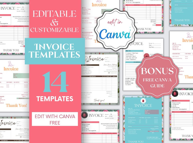 May include: A collection of 14 editable and customizable invoice templates. The design features a pink and teal color scheme with floral accents. Includes a bonus free Canva guide. Edit with Canva free.