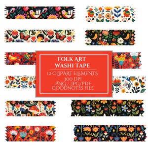 Digital Washi Tape, Folk Art Tape Clipart, Goodnotes Sticky Tapes, Tape PNG Instant Download, Scandi Printable Washi Tape Strips, Nordic