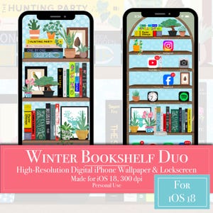 Winter Book Lovers Wallpaper for iPhone iOS 18 - Large Icons Friendly I Lock Screen and Wallpaper Matching Duo I Winter Book Lover&#39;s Gift