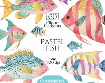 May include: A collection of watercolor illustrations featuring various fish in pastel shades of pink, yellow, and blue. The text reads 60 Clipart Elements, PASTEL FISH, .png 300 dpi, and COMMERCIAL USE, arranged among the fish graphics.