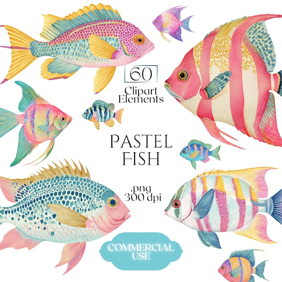 Pastel Fish Clipart, Delicate Coastal PNG Graphics, Tropical Fish Illustrations (60 Files, Transparent Background)