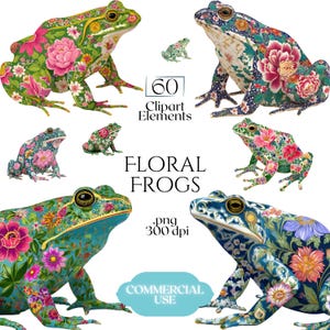 May include: A collection of digital clipart elements featuring various frogs decorated with intricate floral patterns in shades of green, blue, pink, and white. The text 60 Clipart Elements, FLORAL FROGS, .png 300 dpi, and COMMERCIAL USE is displayed.