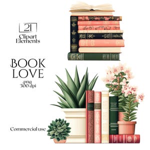 Book Love Clipart, Adesivos de plantas literárias, Junk Journal Foral Book Ephemera, Bibliophile Scrapbook, Clip Art de biblioteca, Decoração de festa, Artesanato