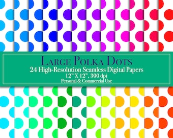 Polka Dot Rainbow Digital Paper, Colorful Seamless Pattern, Scrapbook Paper Bundle, Commercial Use, Instant Download, Printable, Multicolor