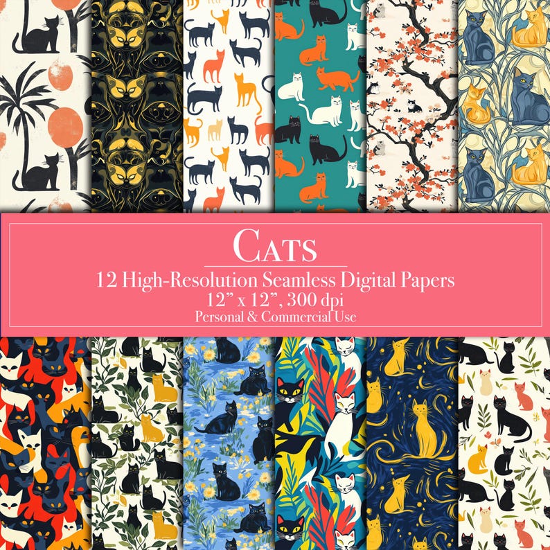 Cats Digital Paper Pack, Seamless Cat Lovers Scrapbook Pattern for ...