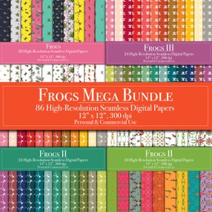 Frogs Digital Paper MegaBundle, Papel de álbum de recortes de patrones sin costuras, uso comercial, descarga instantánea, diario basura, elaboración, bricolaje imprimible