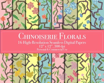 Paquete de papel digital Chinoiserie, patrones florales sin costuras, papel de peonía para álbumes de recortes, diario basura, planificador de manualidades, uso comercial, descarga instantánea