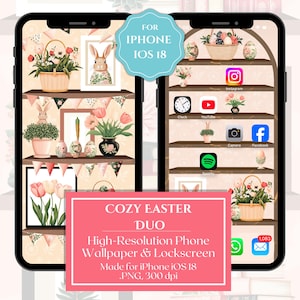 Puede incluir: Un conjunto de fondo de pantalla y pantalla de bloqueo digital con un tema de Pascua acogedor. El diseño presenta un fondo rosa pastel con un estante lleno de huevos de Pascua, flores y conejos. El fondo de pantalla está hecho para iPhone iOS 18 y tiene 300 dpi.