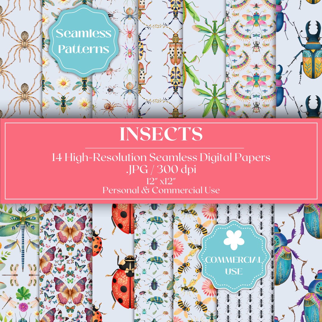 Paper Printable Insect Insects Digital Papers, Seamless Bug Patterns, Botanical Insect ...