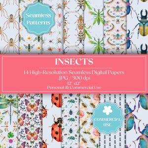 Può includere: Una collezione di 14 carte digitali ad alta risoluzione con motivi di insetti. I disegni includono vari insetti come ragni, farfalle e scarabei. Ogni carta misura 30.48 cm x 30.48 cm ed è adatta per uso personale e commerciale. L'immagine include anche il testo "Seamless Patterns" e "Commercial Use."