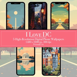 Könnte beinhalten: Fünf digitale Handy-Hintergrundbilder mit ikonischen Sehenswürdigkeiten und Szenen aus Washington, D.C. Die Hintergrundbilder zeigen eine Ansicht des Washington Monuments, des Lincoln Memorials, des Kapitols, eine Straßenszene in Georgetown und eine Stadtlandschaft mit bunten Reihenhäusern.