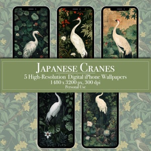 May include: Five digital phone wallpapers featuring Japanese cranes in a lush green and white floral setting. The cranes are white with long necks and red accents on their heads. The backgrounds are a mix of green leaves, white flowers, and water lilies.