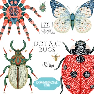 Könnte beinhalten: Eine Sammlung von 70 Punktkunst-Illustrationen von Insekten, darunter eine Spinne, ein Schmetterling, ein Käfer, ein Marienkäfer und eine Wespe. Der Text lautet 70 Clipart Elements, DOT ART BUGS, .png 300 dpi und COMMERCIAL USE. Punktmuster.