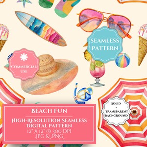 May include: Watercolor seamless pattern featuring beach-themed elements. Includes a surfboard, sunglasses, a sun hat, a cocktail, a beach ball, and an umbrella. The text "BEACH FUN" and "HIGH-RESOLUTION SEAMLESS DIGITAL PATTERN" are also present.