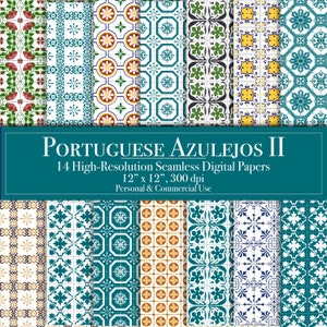 Pacchetto di carta digitale con piastrelle azulejo portoghesi, motivi senza soluzione di continuità, carta per scrapbooking, diario, planner, uso commerciale, download immediato floreale