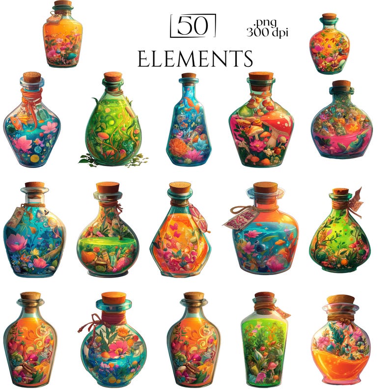 Grid of whimsical fairy potion clipart in various shapes and bright colors, perfect for crafts and design projects