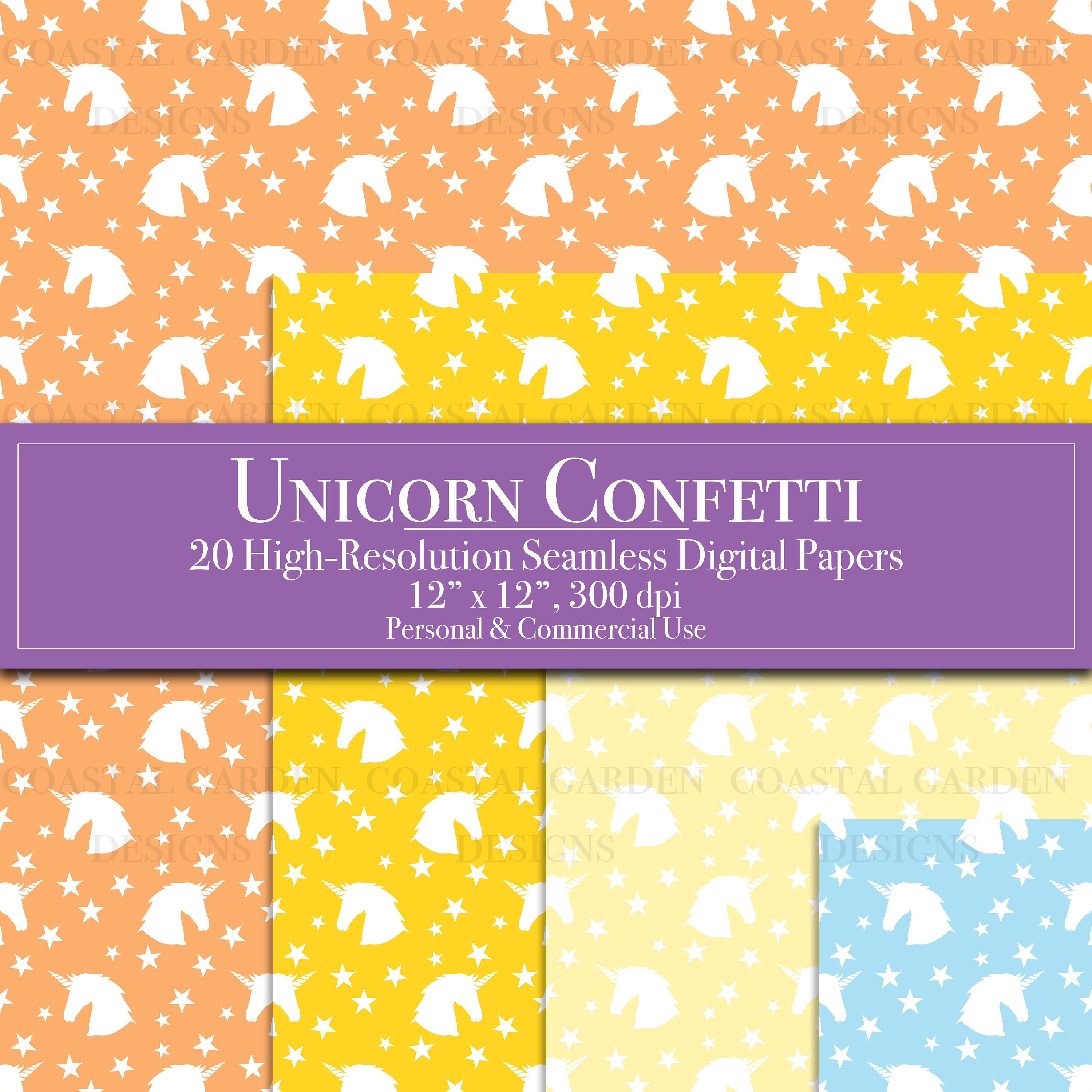 Rainbow Unicorn Confetti Digital Paper Bundle, Seamless Pattern Set ...