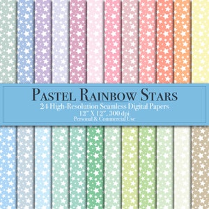 Pastel Rainbow Star Confetti Digital Paper, Seamless Pattern Scrapbook Paper, Commercial Use, Instant Download Printable Planner Card Making