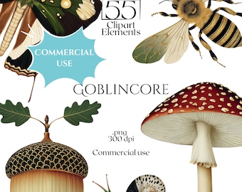 Paquete de imágenes prediseñadas Goblincore: 55 elementos PNG acogedores para diarios creativos, efímeros de grimorios, pegatinas digitales de temática mágica y álbumes de recortes.