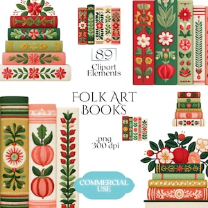 May include: A collection of digital clipart elements featuring stacks and rows of books decorated with embroidered-style floral and botanical folk art patterns in red, green, and cream. Text includes 89 Clipart Elements, Folk Art Books, .png 300 dpi, and Commercial Use.