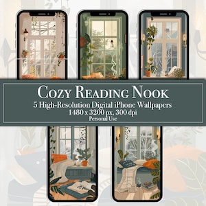 Könnte beinhalten: Fünf digitale Handy-Hintergründe mit gemütlichen Leseecken, warmem Licht, flauschigen Decken und Büchern. Jeder Hintergrund zeigt ein Fenster mit Blick auf eine verschneite Landschaft oder einen üppigen grünen Wald.