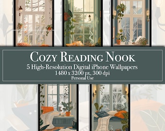 Cozy Reading Nook iPhone Android Wallpapers, 5 Digital Download Unique Phone Wallpapers, Homescreen, Window Seat Lock Screen Cottagecore Art