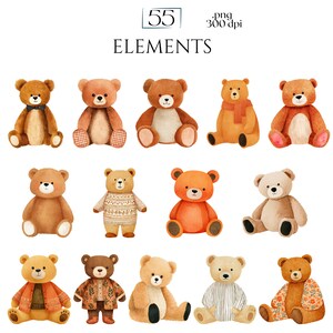 Teddy Bear Clipart, Cute Bear PNG Graphics, Baby Shower & Nursery Illustrations (55 Files, Transparent Background)