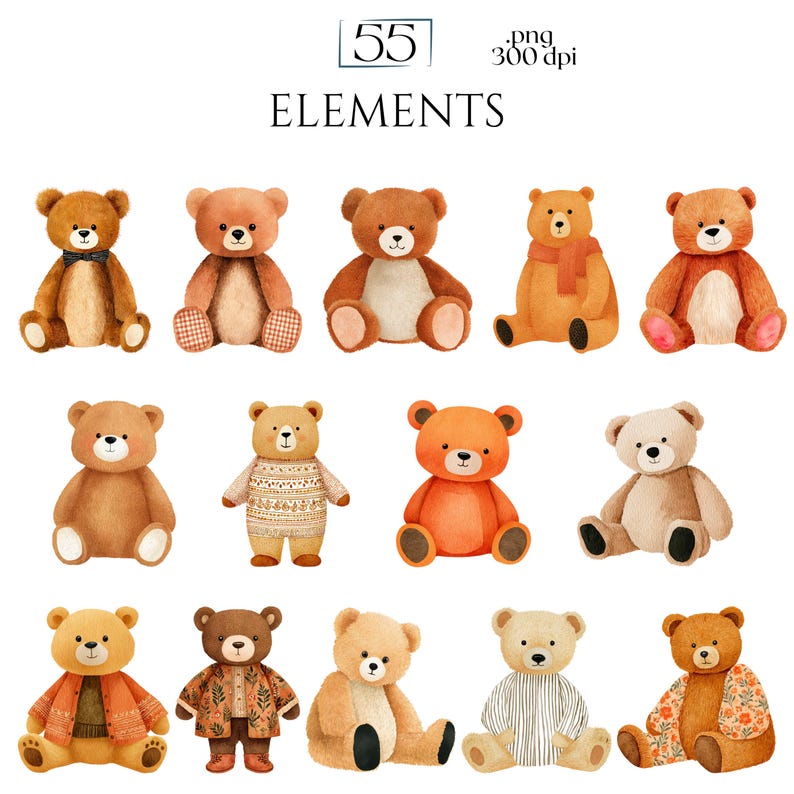 Teddy Bear Clipart, Cute Bear PNG Graphics, Baby Shower & Nursery Illustrations (55 Files, Transparent Background)