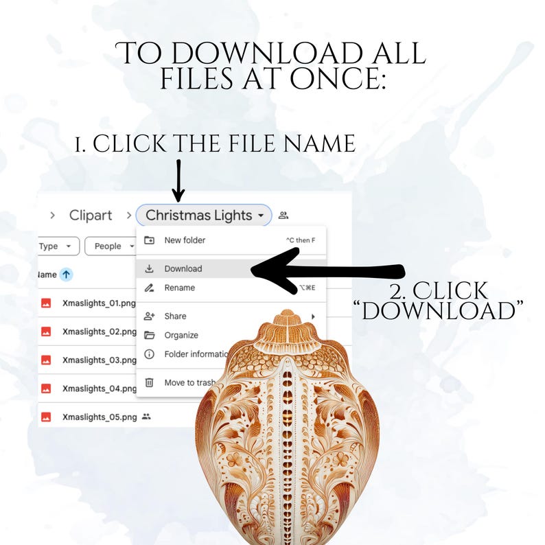 May include: Image showing instructions to download files. The text reads "TO DOWNLOAD ALL FILES AT ONCE: 1. CLICK THE FILE NAME" and "2. CLICK DOWNLOAD". A decorative, ornate, brown and beige design is at the bottom of the image.