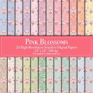 Pink Blossoms Digital Papers, Indian Inspired Seamless Pattern Scrapbook Paper, Commercial Use Label Backgrounds Junk Journal Floral Planner