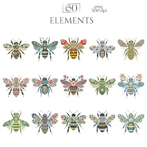 William Morris Bee Clipart, Arts & Crafts Bee PNG Graphics, Victorian Bee Illustrations (60 Files, Transparent Background)