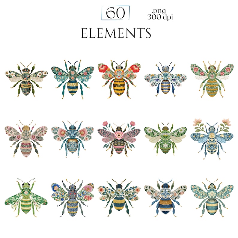 William Morris Bee Clipart, Arts & Crafts Bee PNG Graphics, Victorian Bee Illustrations (60 Files, Transparent Background)