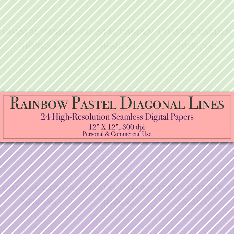 Cute Diagonal Lines Digital Paper Bundle, Pastel Rainbow White Seamless ...
