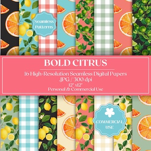 Bold Citrus Digitale Papiere, Lemon Orange Muster, Sommer Gingham druckbare Hintergründe (16 Dateien, 300 DPI)