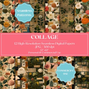 Vintage Collage Nahtloses digitales Papier, antikes Ephemera JPG Pack, Retro Scrapbook-Hintergründe, Blumenpapier für Junk Journals & Crafts