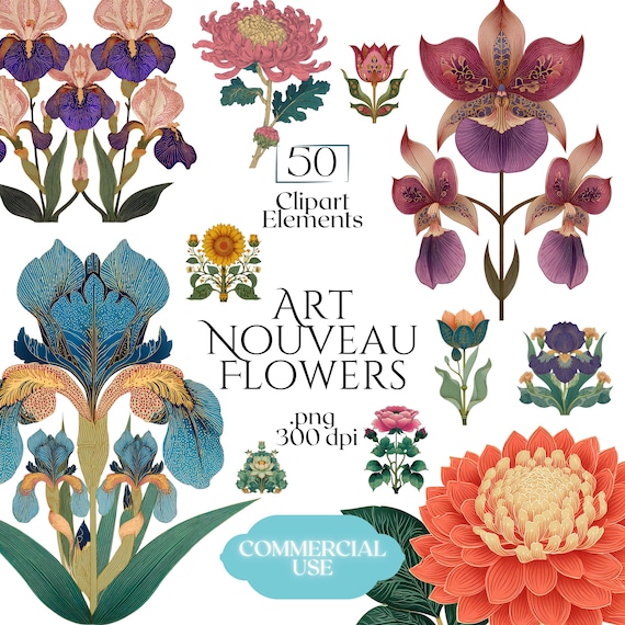 Art Nouveau Flowers Clipart, Vintage Floral Illustrations, Elegant  Botanical Ephemera, William Morris Floral Motifs for Invitations - Etsy