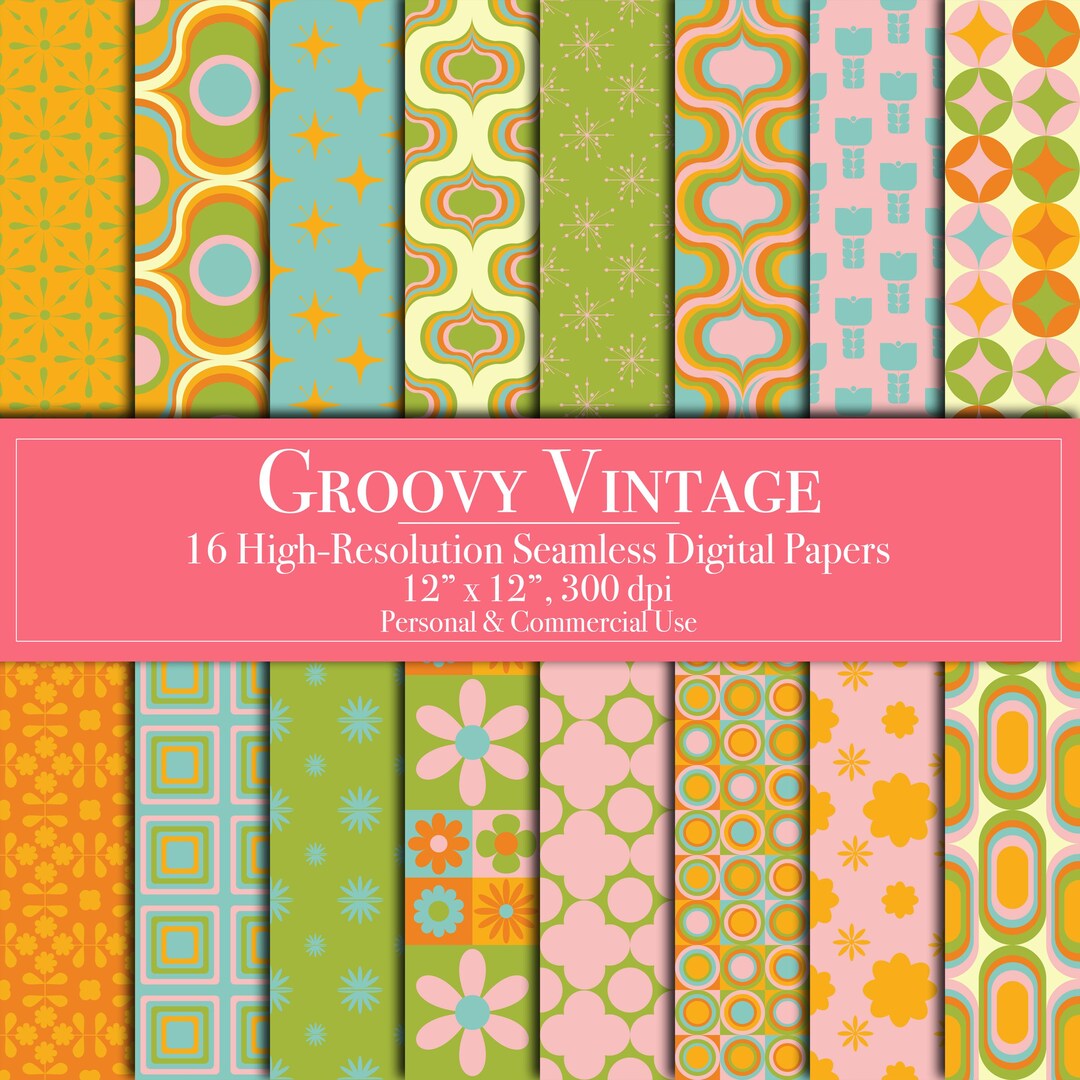 Retro Digital Papers, Groovy Vintage Seamless Pattern Scrapbook Paper ...