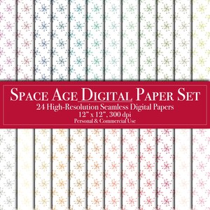 Op de afbeelding: Een set van 24 digitale papieren met een herhalend patroon van gestileerde sneeuwvlokken in verschillende kleuren. De papieren zijn 30,5 cm bij 30,5 cm en 300 dpi.  "SPACE AGE DIGITAL PAPER SET" en "Persoonlijk en commercieel gebruik" staan bovenaan de afbeelding.