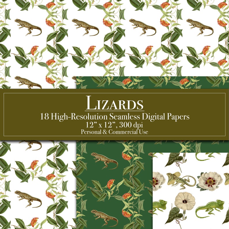 Lizards Printable Text Lizards Digital Paper, Seamless Digital Scrapbook Paper, Planner ...