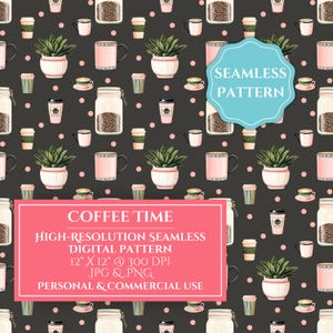 Coffee Time Digital Pattern I Cafe Repeating Pattern I Coffee Lover Digital Download, Coffee Shop Crafting Projects, Commercial Use Latte