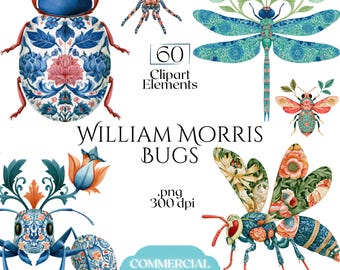 Imágenes prediseñadas de insectos de William Morris, ilustraciones de insectos para artes y manualidades, gráficos PNG de insectos con patrones botánicos (60 archivos, fondo transparente)