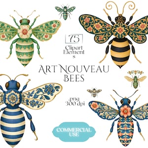 Op de afbeelding: Een verzameling digitale bijenillustraties met ingewikkelde bloemmotieven in tinten groen, blauw, geel en oranje. De tekst luidt 75 Clipart Elements, ART NOUVEAU BEES, .png 300 dpi en COMMERCIAL USE. Deze grafische ontwerpen tonen verschillende bijenvormen.