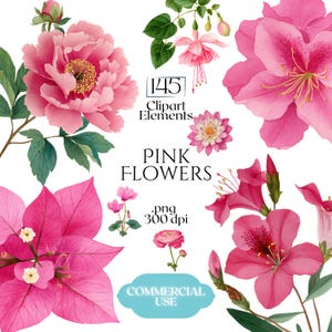 Pink Watercolor Flowers Clipart, Elegant Botanical PNG Bundle, Floral Illustrations for Wedding Invitations, Pinky Ephemera, Bloom Stickers