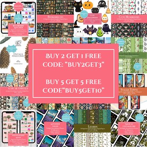 Pu&ograve; includere: Una collezione di carte digitali e sfondi per telefoni con vari temi, tra cui librerie, Halloween, funghi, pigne e animali. L'immagine presenta anche testo promozionale: "ACQUISTA 2 OTTIENI 1 GRATIS CODICE: BUY2GET3" e "ACQUISTA 5 OTTIENI 5 GRATIS CODICE BUY5GET10".