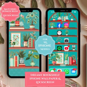 Fondo de pantalla de estantería de ensueño para iPhone, pantalla de inicio con estantería caprichosa, pantalla de bloqueo con estantería, conjunto de temas estéticos para iPhone con estantería.