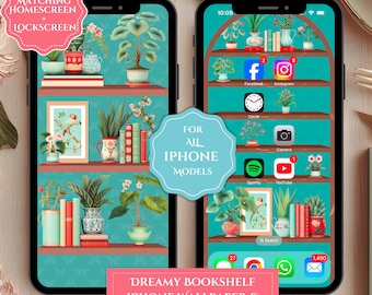 Dromerige boekenplank-achtergrond voor iPhone, speelse boekenplank-achtergrond voor je telefoon, boekenkast-achtergrond voor je vergrendelscherm, esthetische boekenplank-thema-set voor iPhone